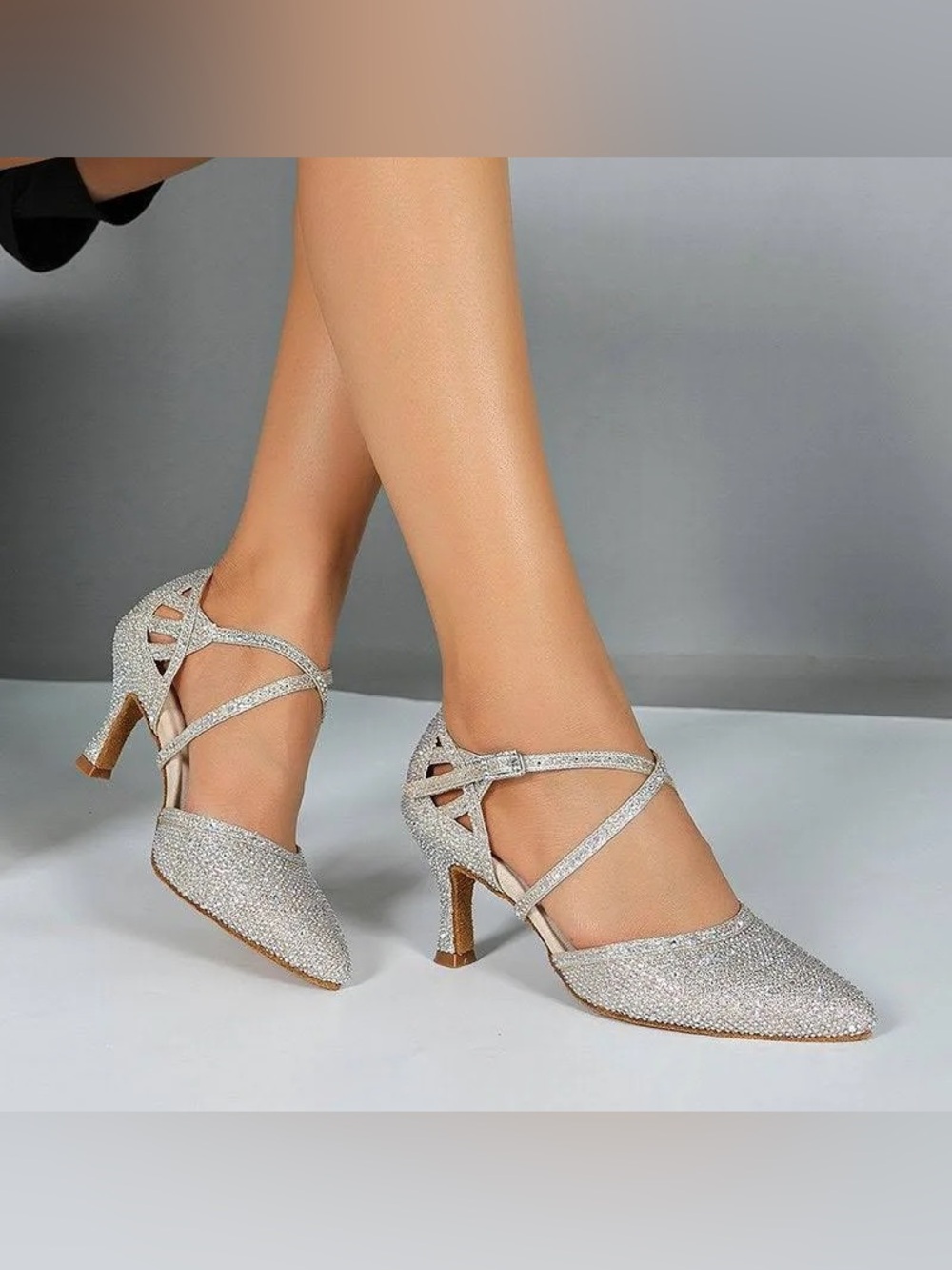 Sparkle Pointed-Toe Strappy Mid-Heel Pumps - Silver